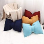 Velvet Throw Pillow with Pompoms, Decorative Solid Color Bowknit Lumbar Cushion with Insert - Image 2