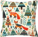 Folk Art Two Foxes and Trees Pattern by Throw Pillow Velvet Cushion Home Set Comfortable Square Bed Decoration Outdoor Sofa Living Room Office Cushion 18 "x18 Inch