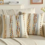 Pack of 2  Chenille Decorative Cushion 18x18 Inch Soft Tufted Striped Textured Cushion Case,Farmhouse Accent for Couch Bed Living Room, Rust Blue Yellow