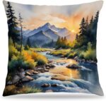 Abstract Mountain Cushions 18x18, Watercolor Forest Meadow Brook  Sunset Nature Landscape Decorative Throw Cushions for Home Bedroom Living Room