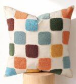 Embroidered Throw Cushion 18x18 Inch - Modern Geometric Decorative Cushion with Zipper for Sofa Couch Living Room Chair Car Aesthetic Design Cushion Cushion, Colorful Checkered