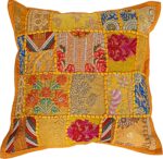 Handmade 16x16 Patchwork Cushion Pillow, Sari Patch Throw Pillow Ethnic Cushions Embroidered Sari Patchwork Cushion (Yellow)