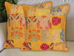 Handmade 16x16 Patchwork Cushion Pillow, Sari Patch Throw Pillow Ethnic Cushions Embroidered Sari Patchwork Cushion (Yellow) - Image 2